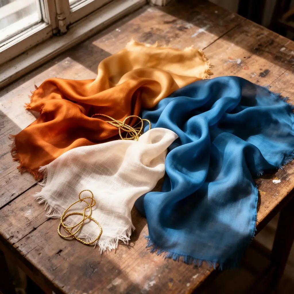 Fabric swatches in seasonal colours on a wooden table