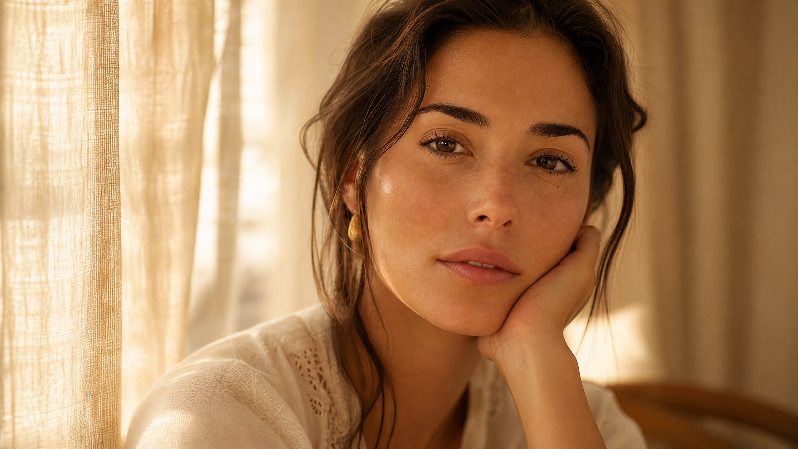 Woman in natural window light, bare face, contemplative