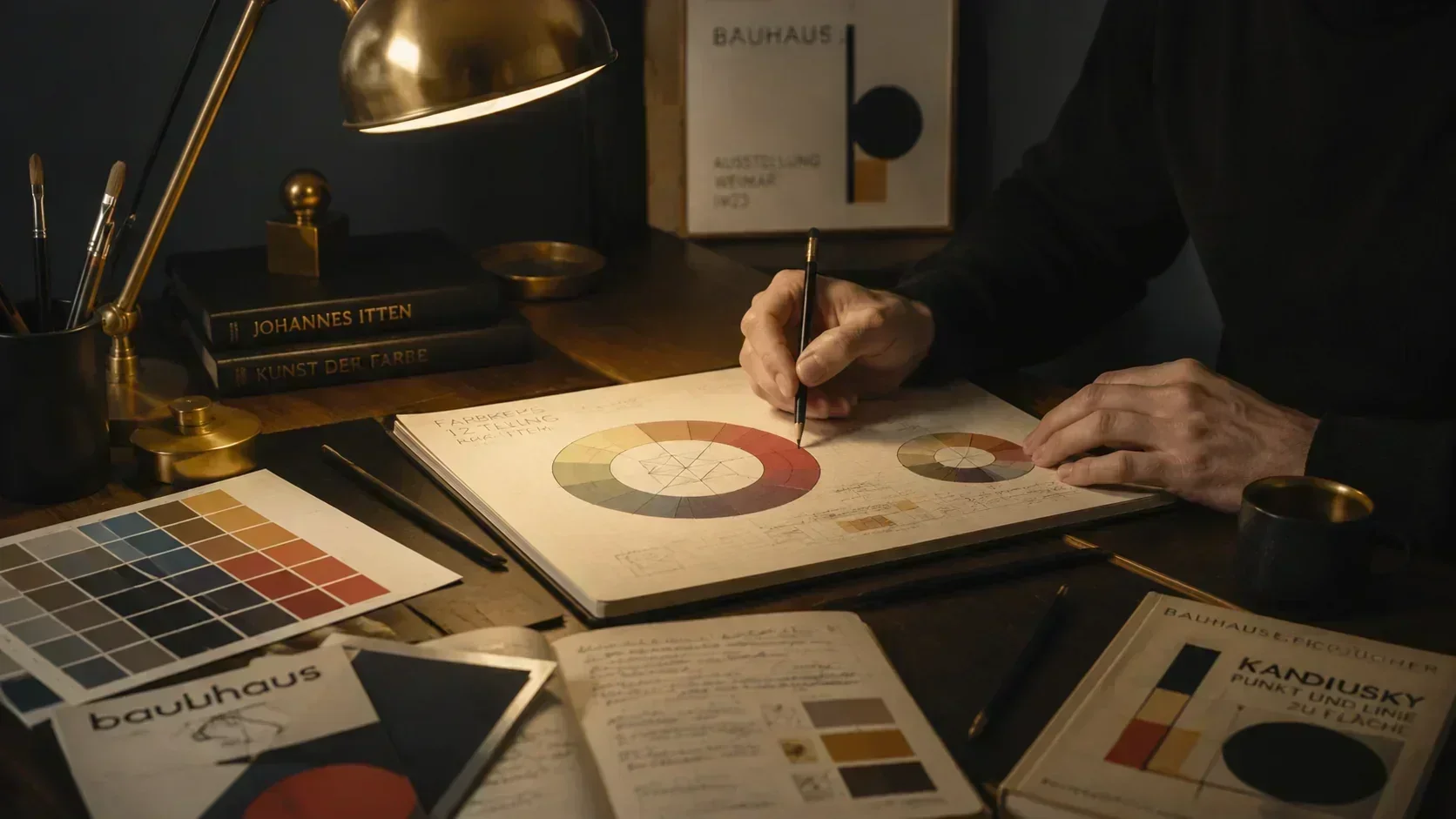 Johannes Itten colour theory research — Bauhaus desk with colour wheel, paint swatches and Kunst der Farbe