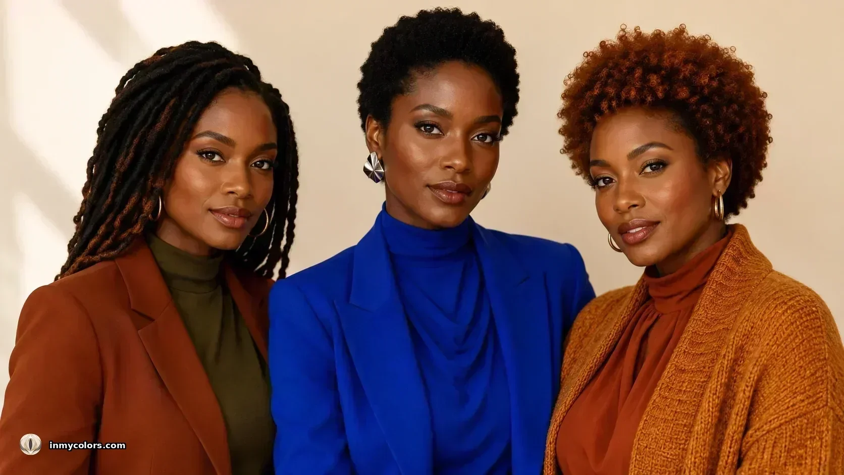 Deep skin tones in seasonal colour analysis — warm Autumn earthy palette versus cool Winter vivid palette side by side