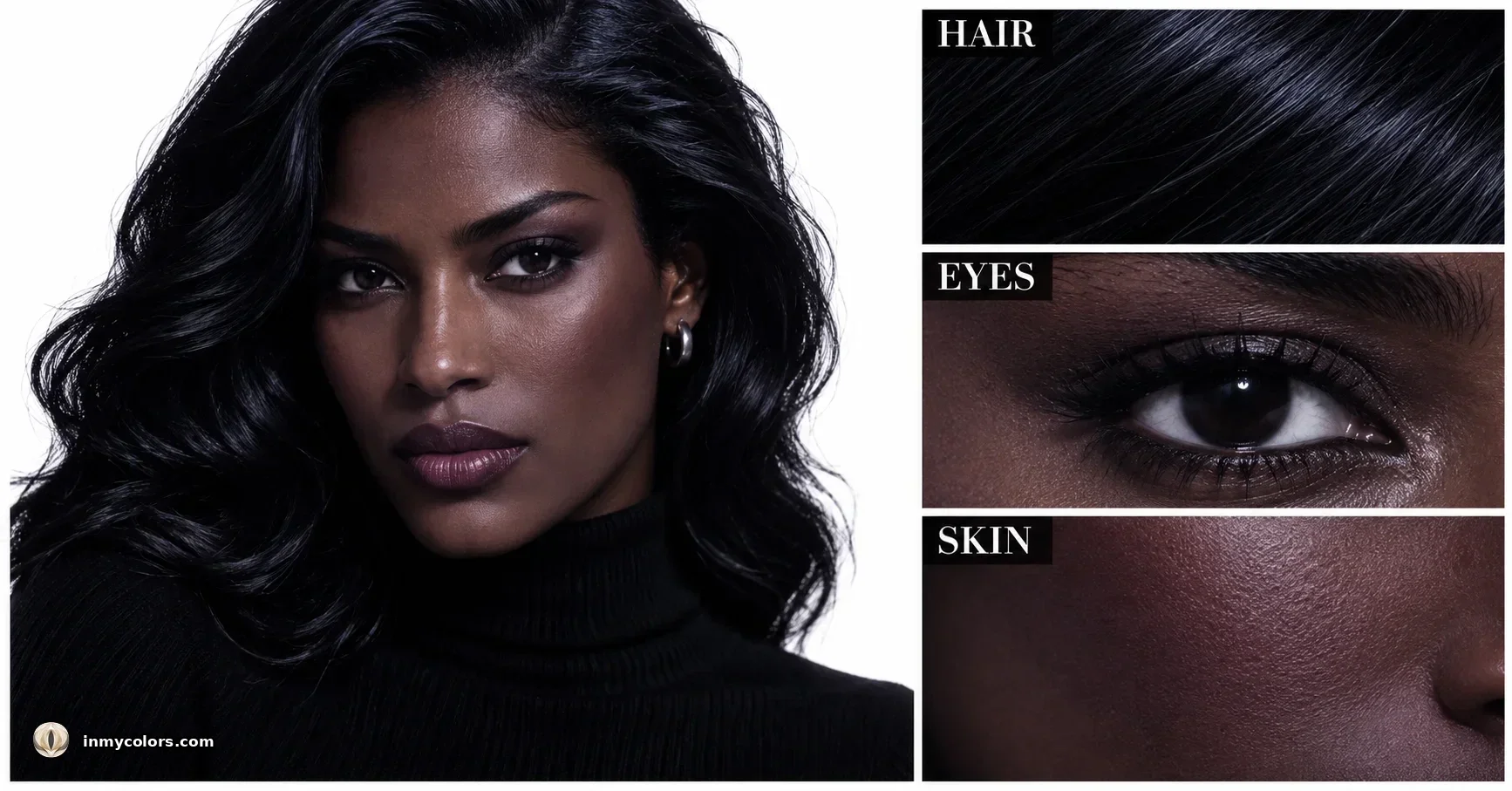 Dark Winter colouring — cool dark skin with near-black hair and dark cool eyes