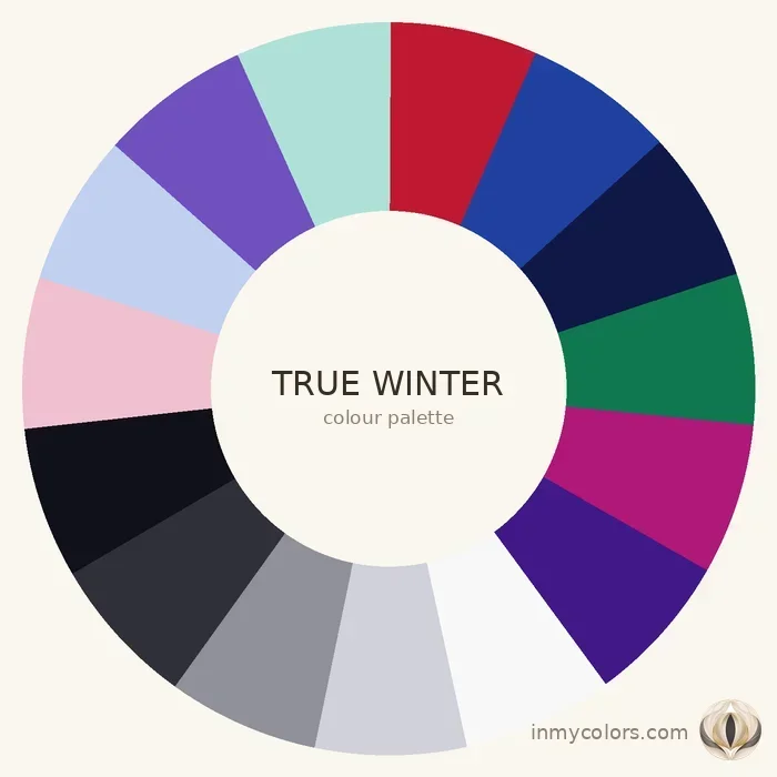 True Winter colour palette wheel — cool clear high-contrast colours for True Winter season