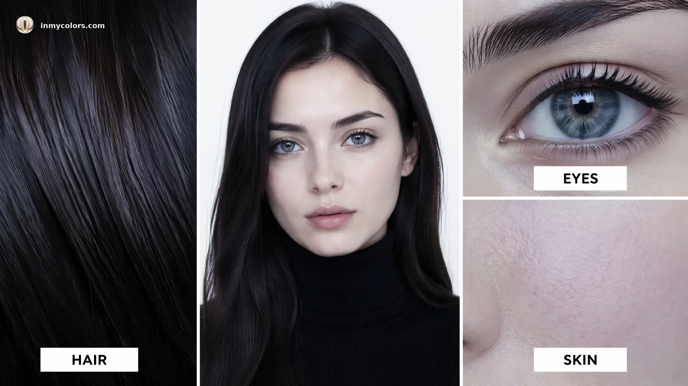 True Winter colouring — cool clear skin with dark contrasting hair and cool dark eyes