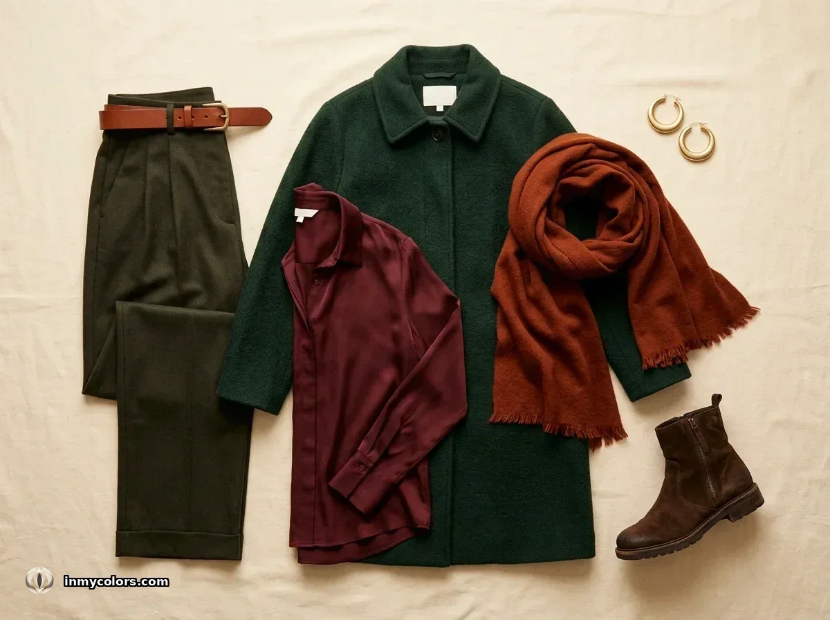 Deep Autumn wardrobe capsule — mahogany, forest green and cognac pieces