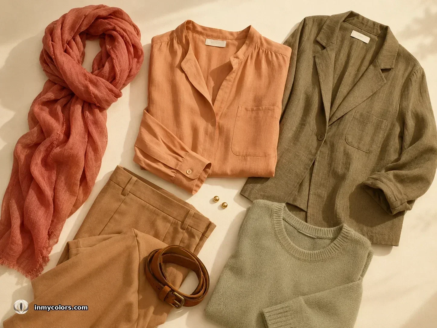 Soft Autumn wardrobe capsule — muted terracotta, warm greige and dusty sage pieces