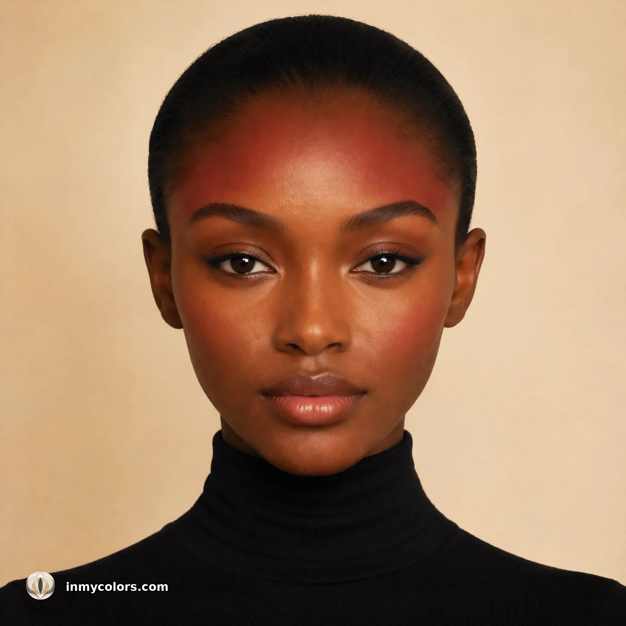 Inverted triangle face shape with incorrect blusher placement shown — high at temples and upper cheekbones