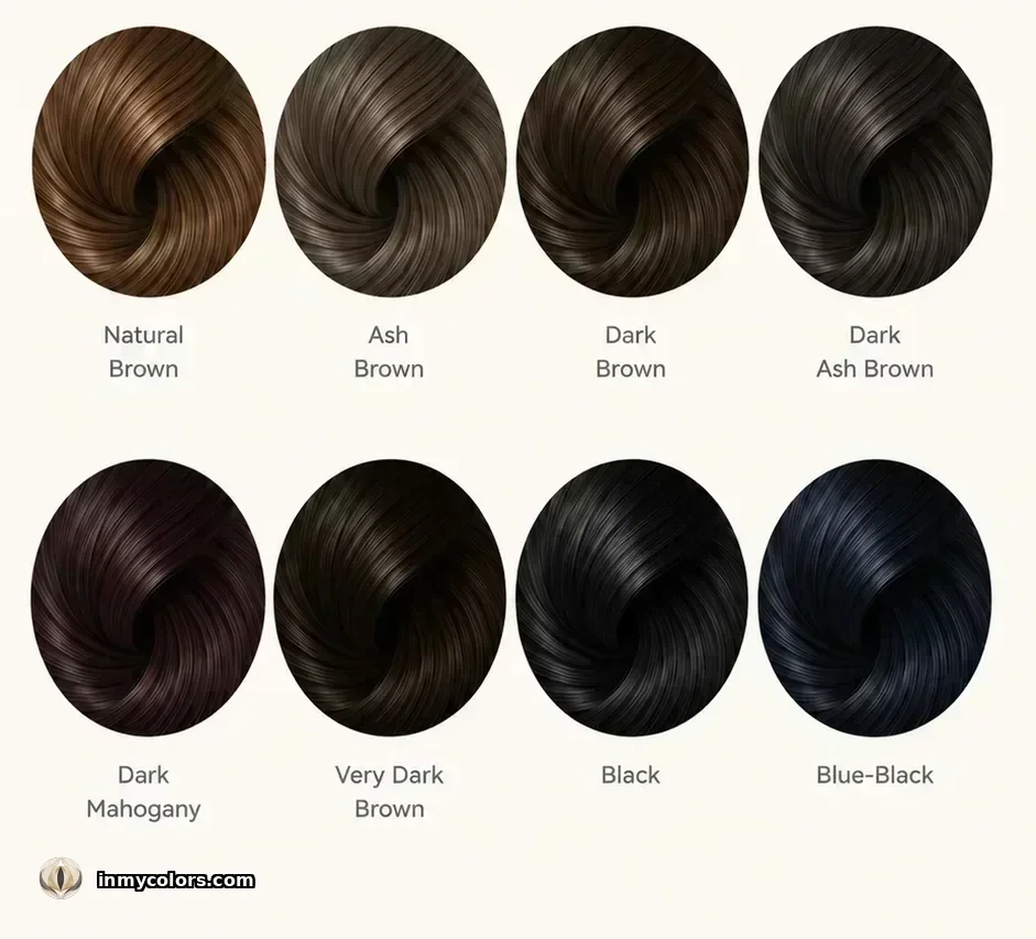Recommended hair colour swatches for Bright Winter: cool dark brown, blue-black, near-black, cool black