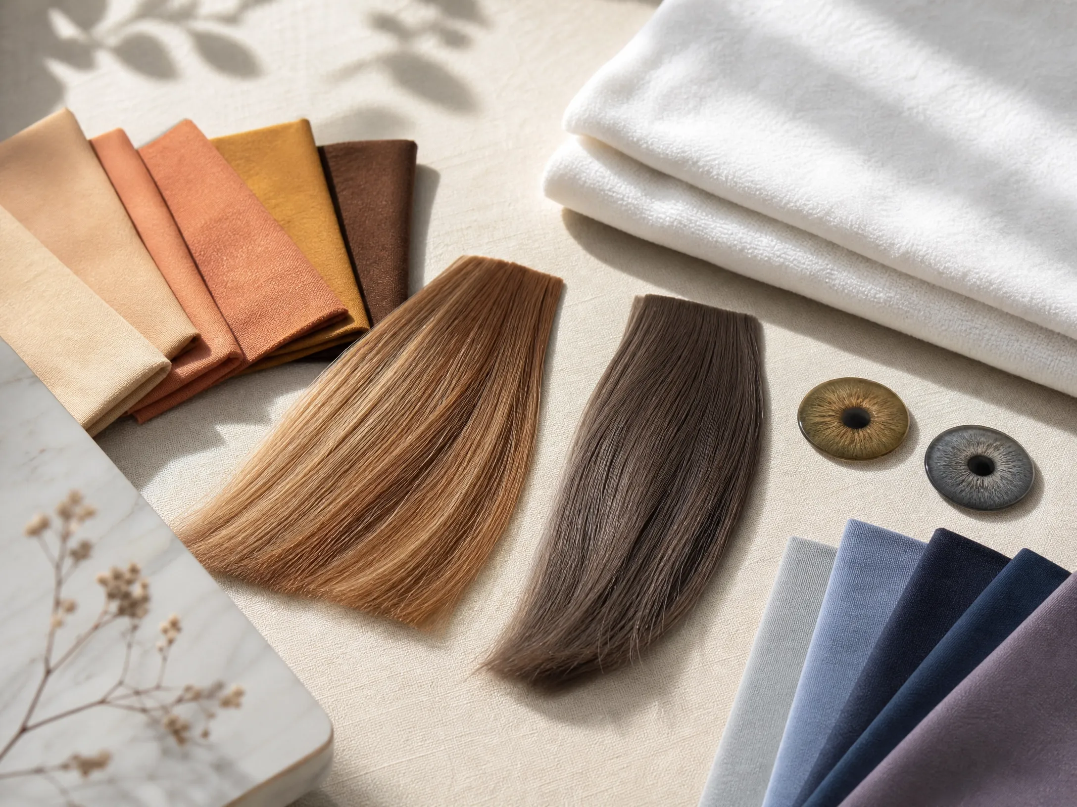 Natural ash-brown versus dyed warm caramel — hair dye changes the visual impression, not the season