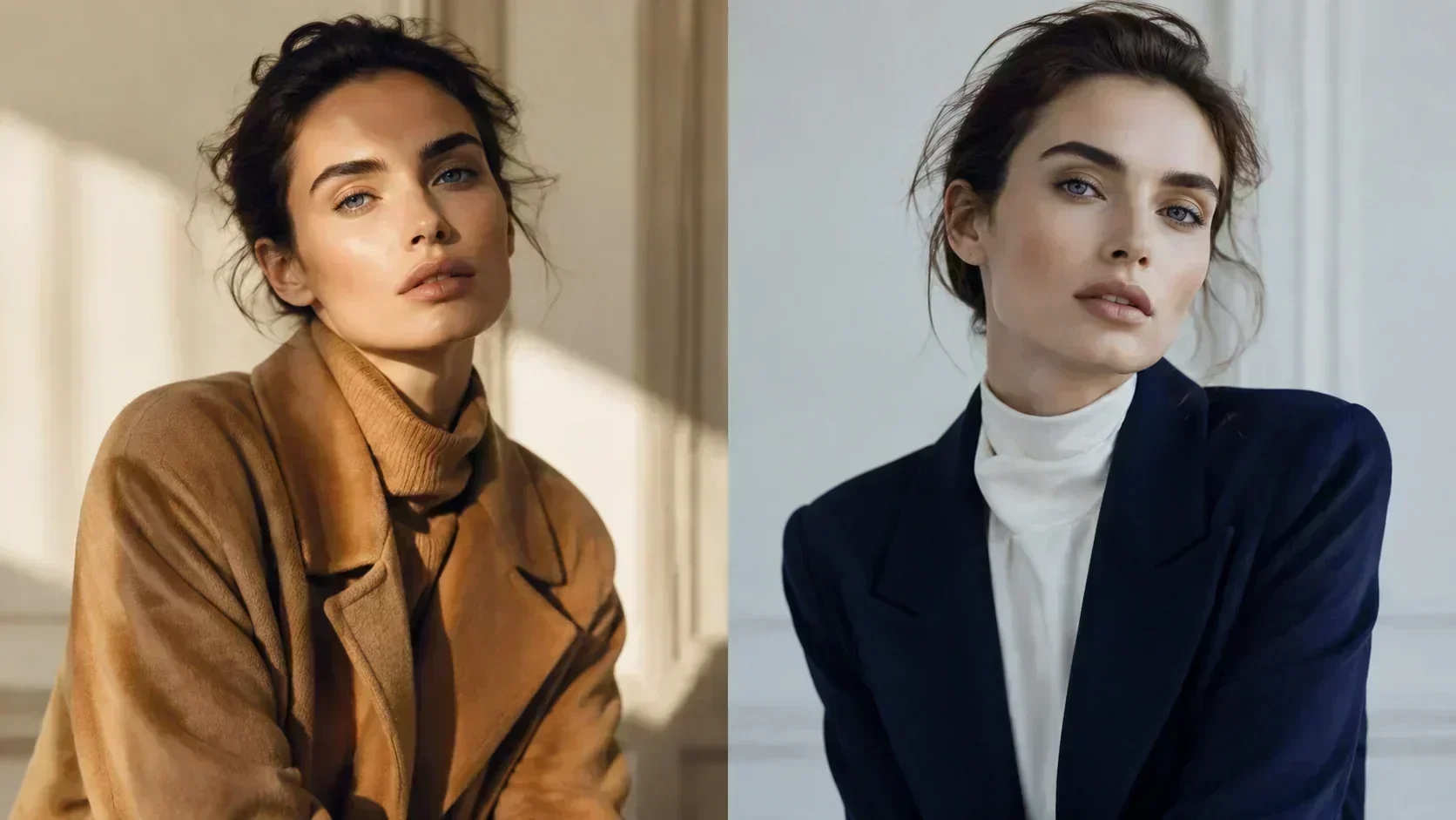 Celebrity colour analysis comparison showing warm Autumn camel coat vs cool Winter navy blazer on the same person