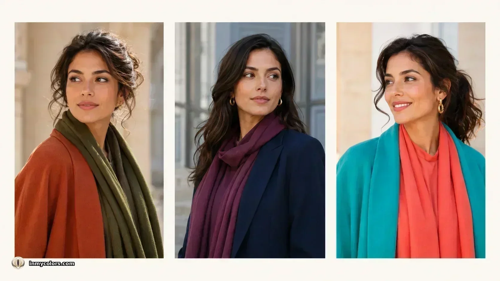 Colour analysis for olive skin — Autumn terracotta, Winter plum with navy, and vivid teal seasonal outfits