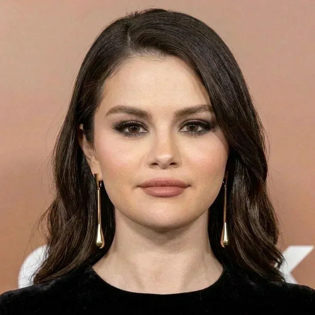 Selena Gomez as an example of round face shape — soft curves, full cheeks, similar width and length