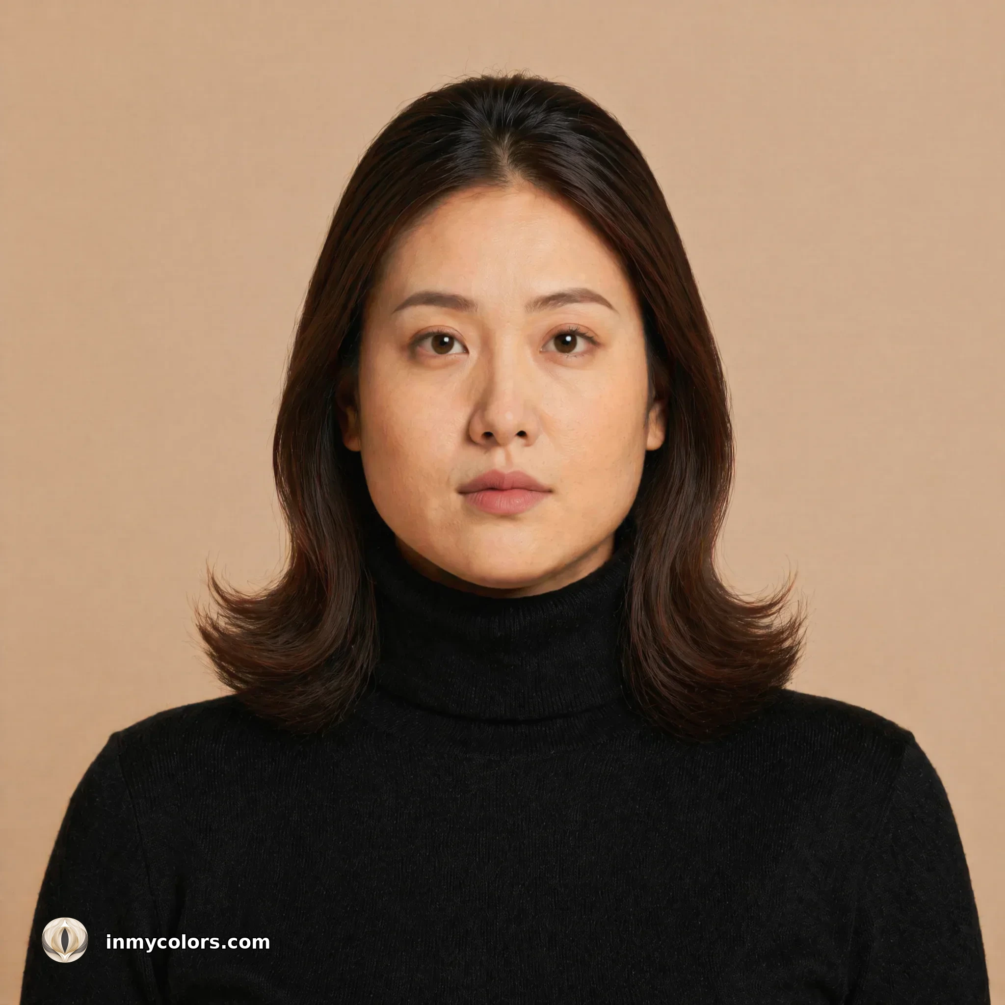 Triangular face shape with hairstyle to avoid shown — volume and curls opening outward at jaw level