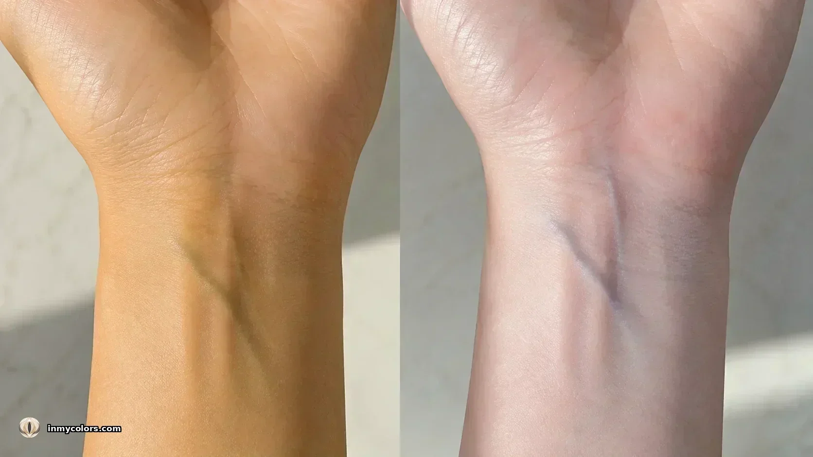 Wrist vein colour test comparing green veins (warm undertone) vs blue-purple veins (cool undertone)
