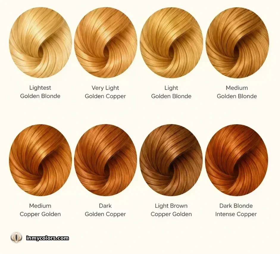 Recommended hair colour swatches for Light Spring: golden blonde, honey, light copper, warm strawberry, warm brown