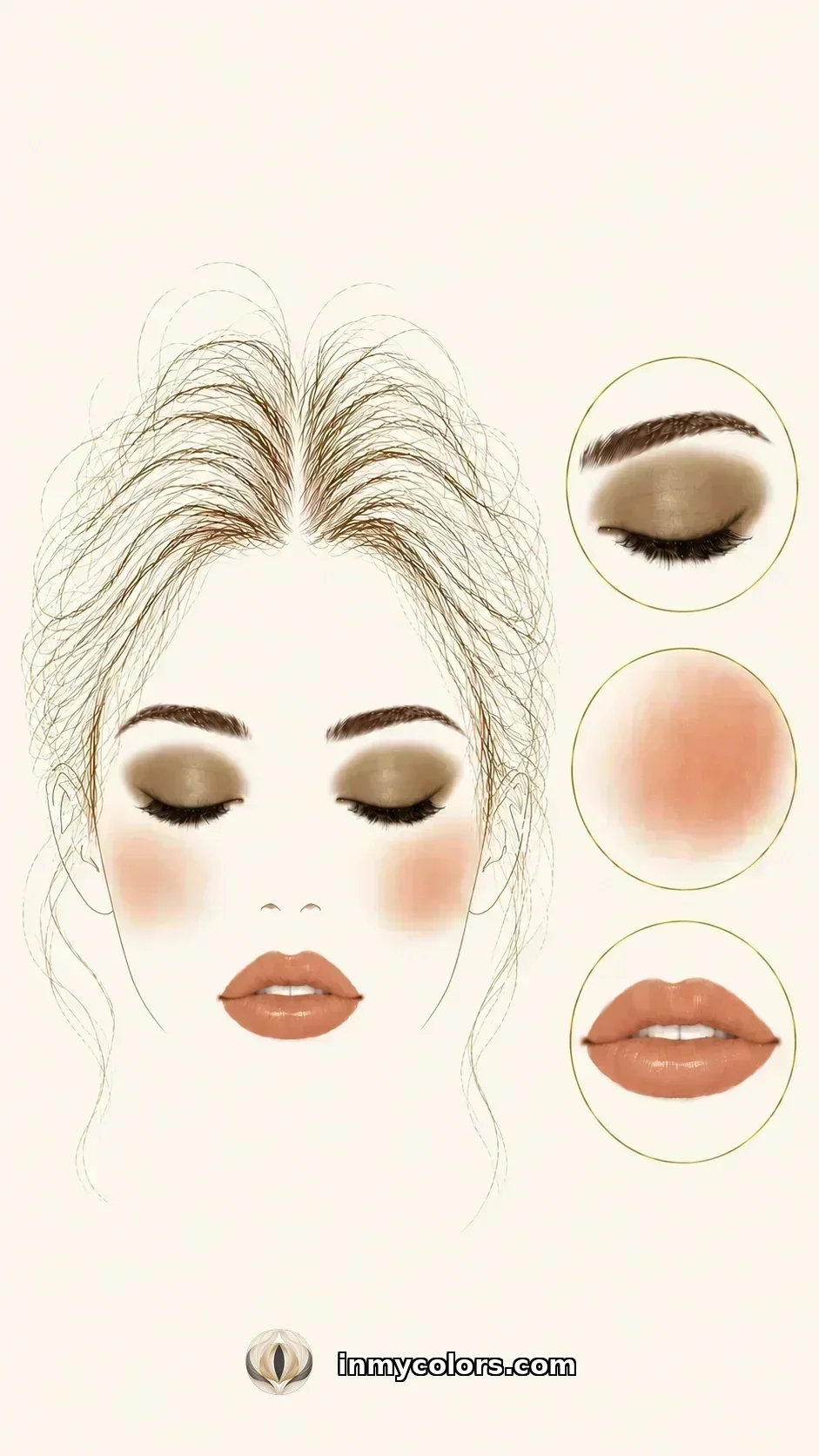 Soft Autumn makeup palette with dusty peach blush, soft terracotta nude lip, warm greyed-taupe eyeshadow swatches