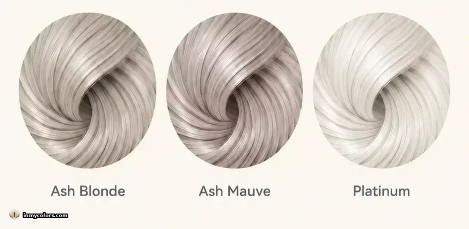 Hair colours to avoid for Soft Autumn season: ash blonde, cool blonde, platinum, blue-black swatches