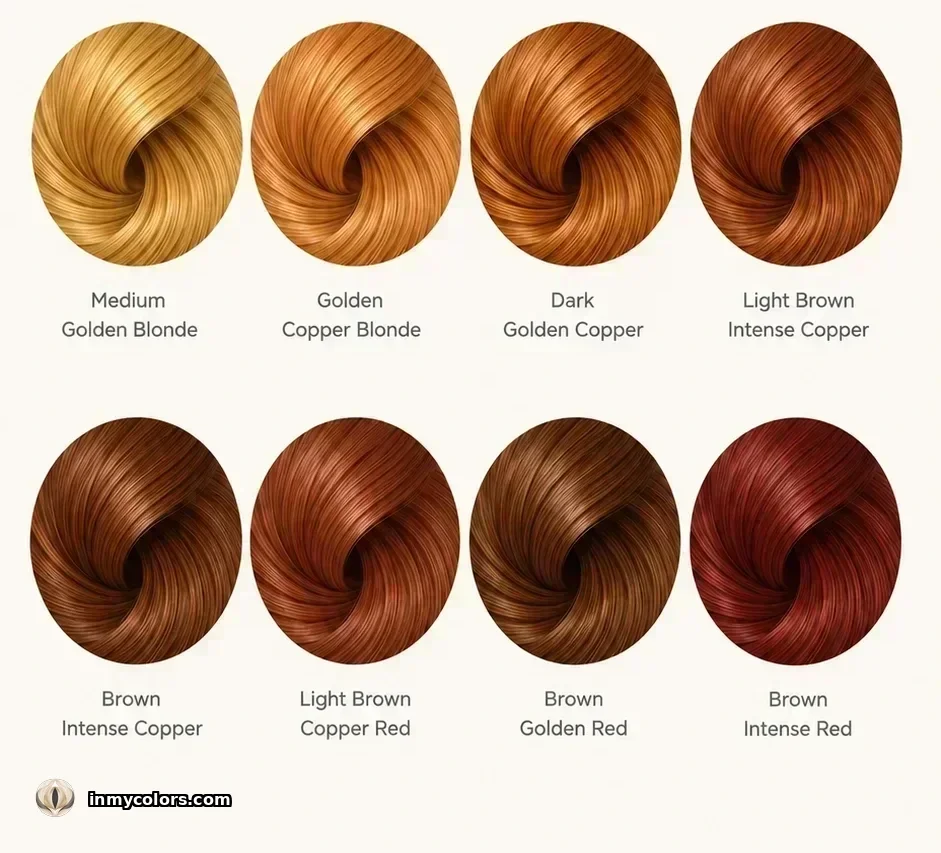 Recommended hair colour swatches for Soft Autumn: light copper, warm chestnut, golden brown, warm brown