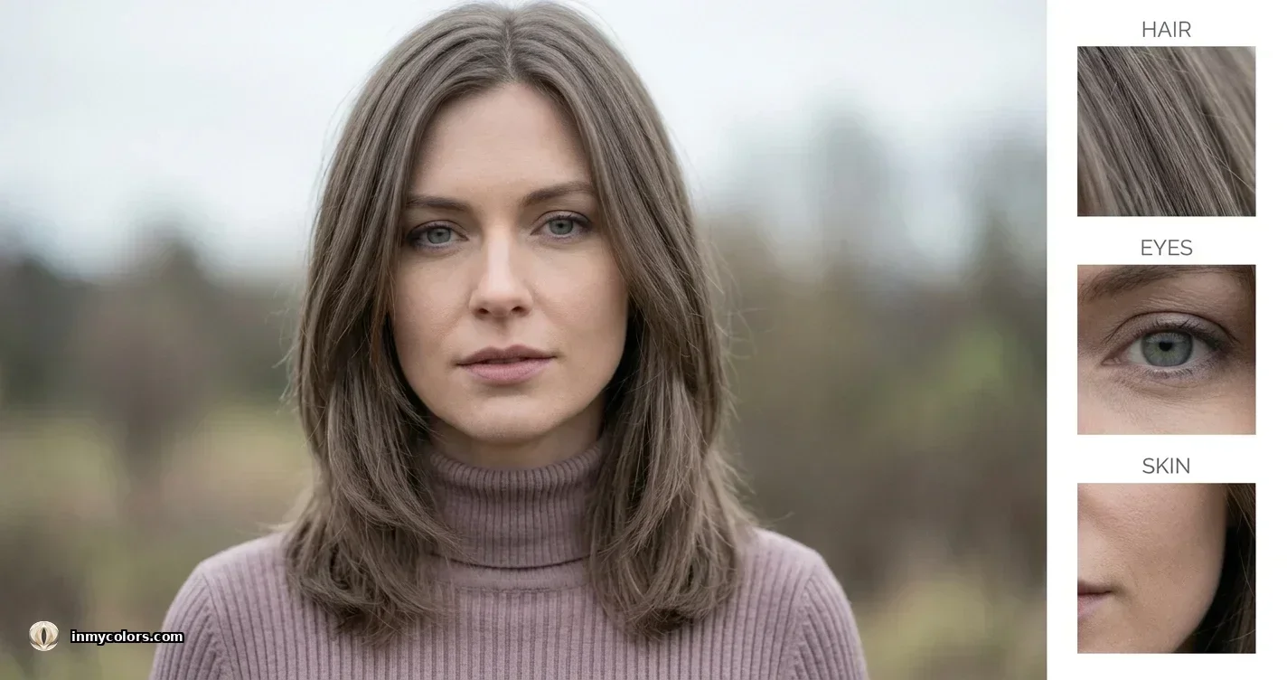 What makes a Soft Summer — close-up of cool ash-brown hair, grey-blue eyes, and fair cool muted skin with a rosy quality