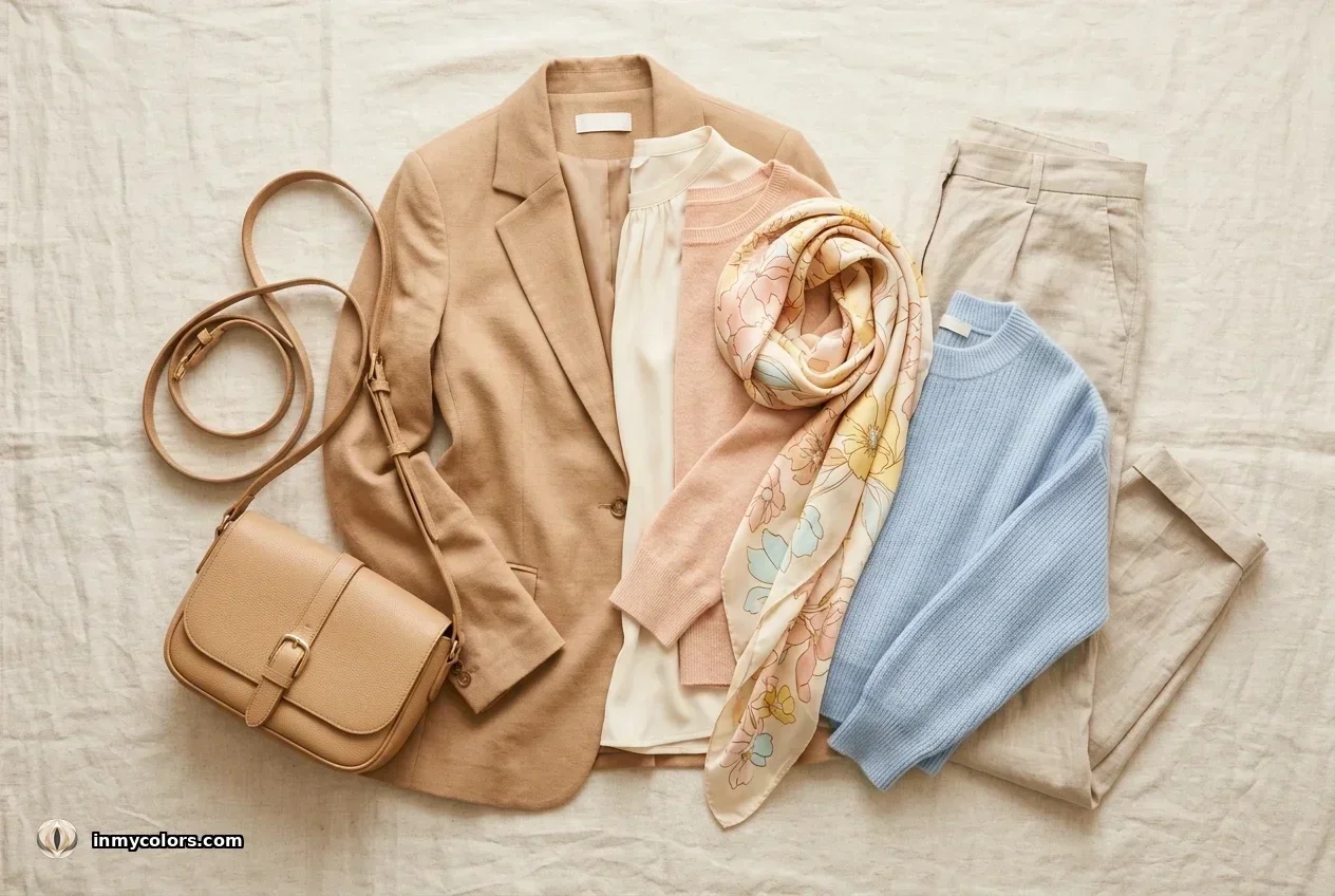 Light Spring wardrobe capsule — peach, golden ivory and light camel pieces