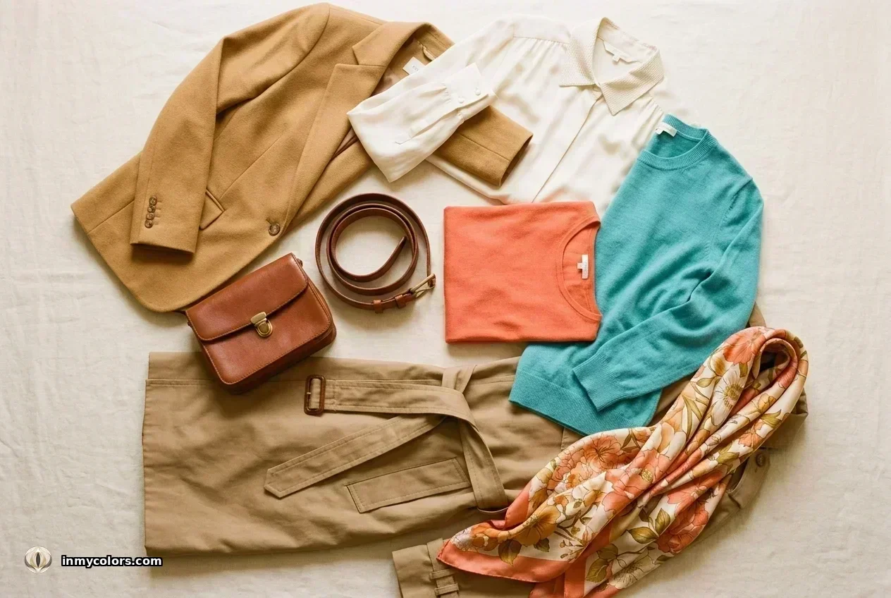 True Spring wardrobe capsule — coral, camel and warm turquoise pieces