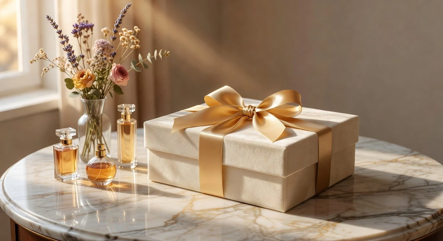 Luxury gift box with gold ribbon on marble table beside perfume bottles and dried flowers — colour analysis as a personal styling gift