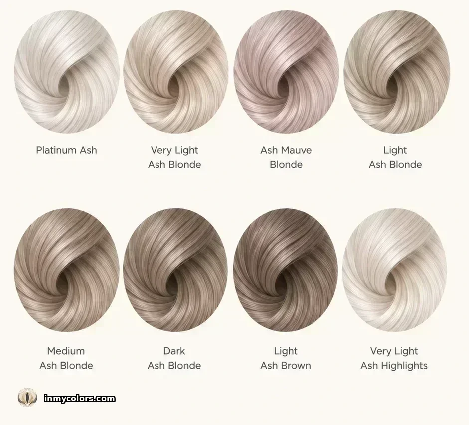 Recommended hair colour swatches for True Summer: ash blonde, cool medium brown, platinum-toned shades